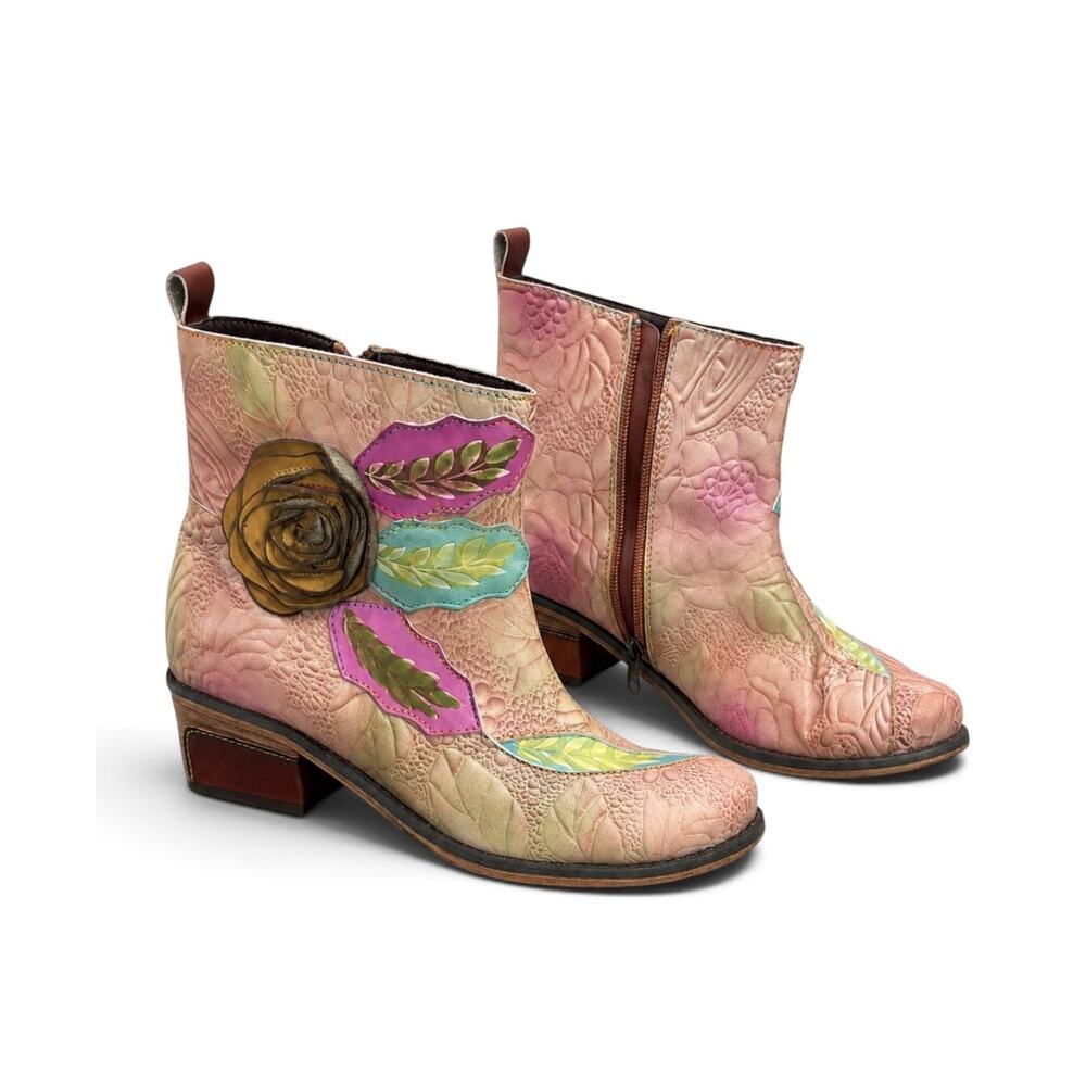 Socofy Floral Embossed Leather Ankle Boots Women’s 40/9-9.5 Boho Cottagecore
